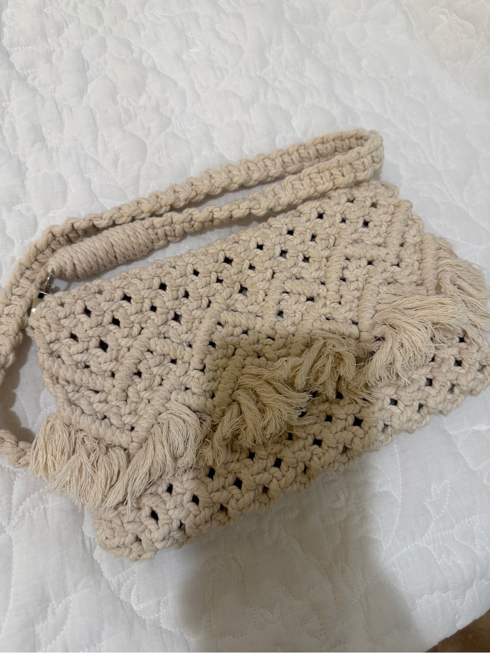 Handmade Beige Crochet Tassel Shoulder Bag